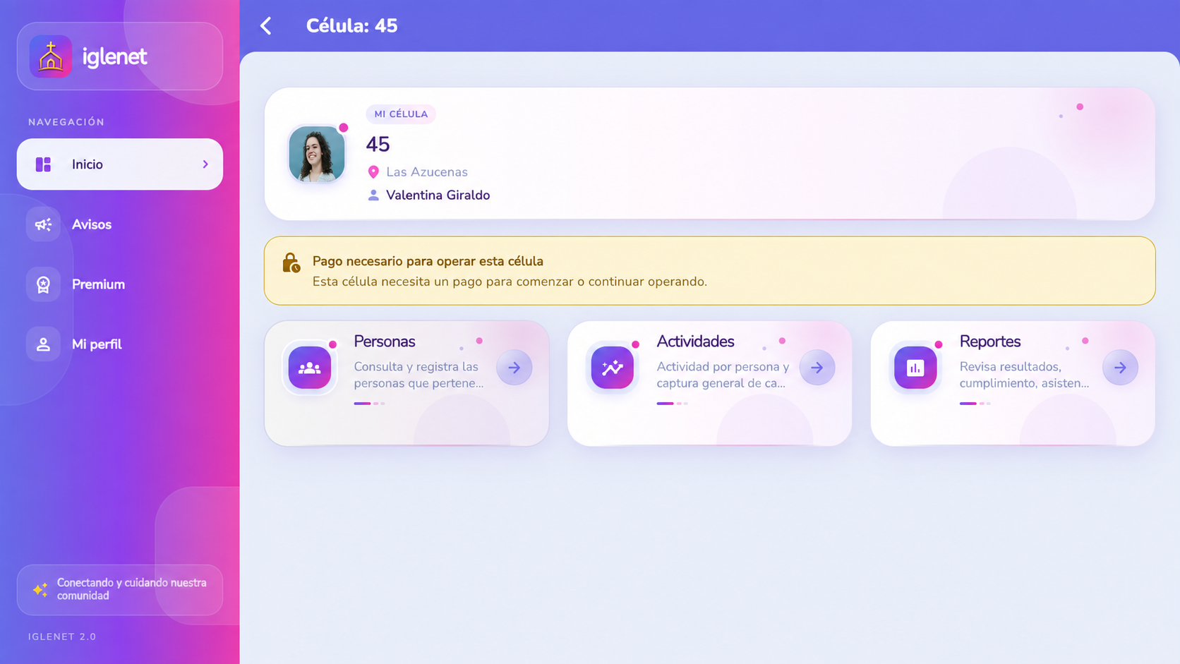 Detalle Flutter de la célula de Valentina con Personas, Actividades y Reportes