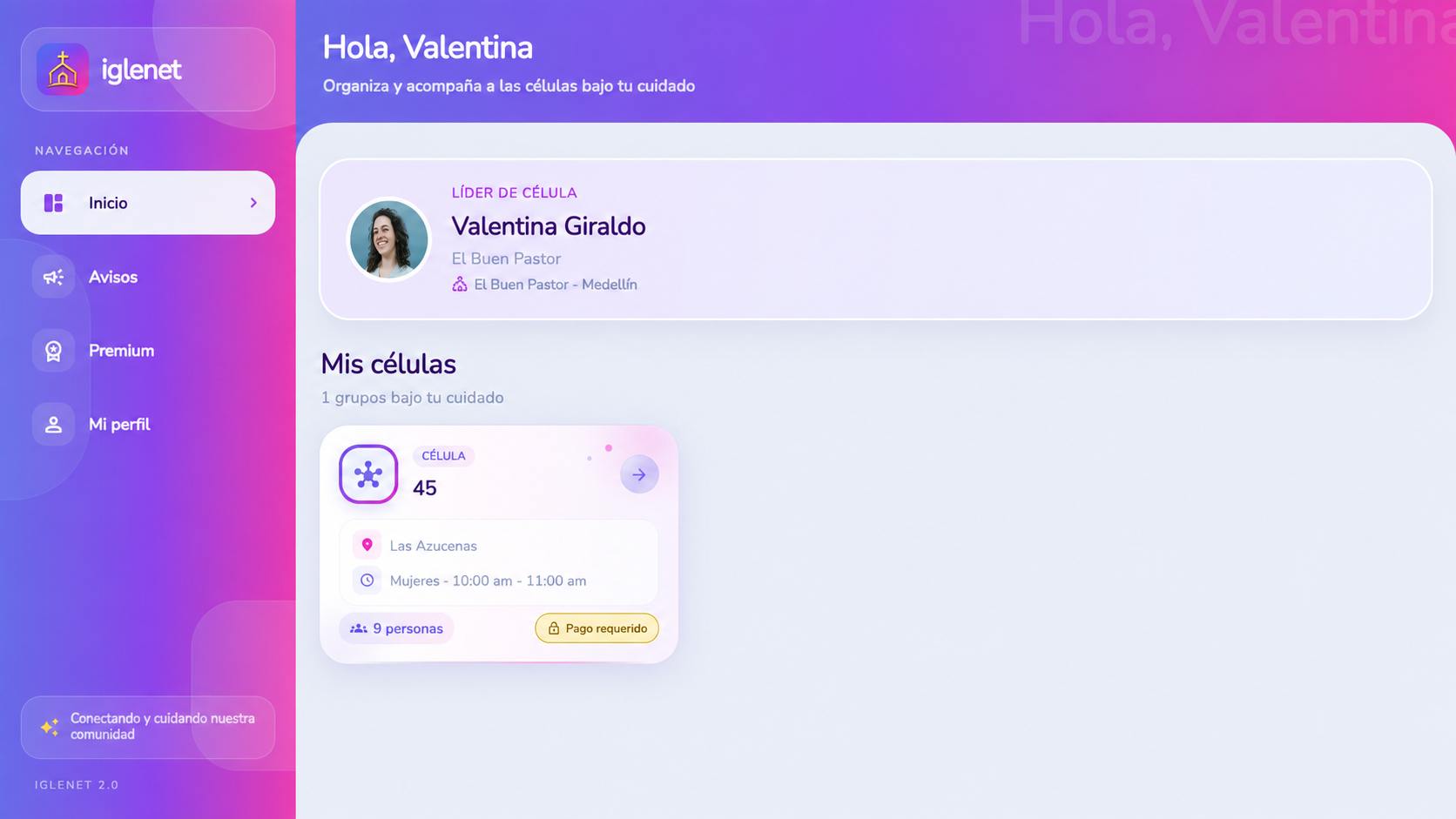 Dashboard Flutter de la líder Valentina con sus células asignadas
