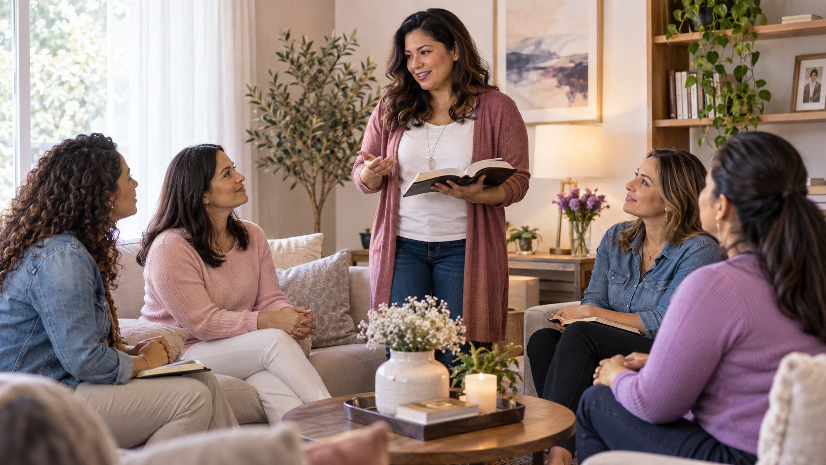 Mujer compartiendo la Palabra de Dios, con una Biblia abierta, ante un grupo de mujeres en una sala