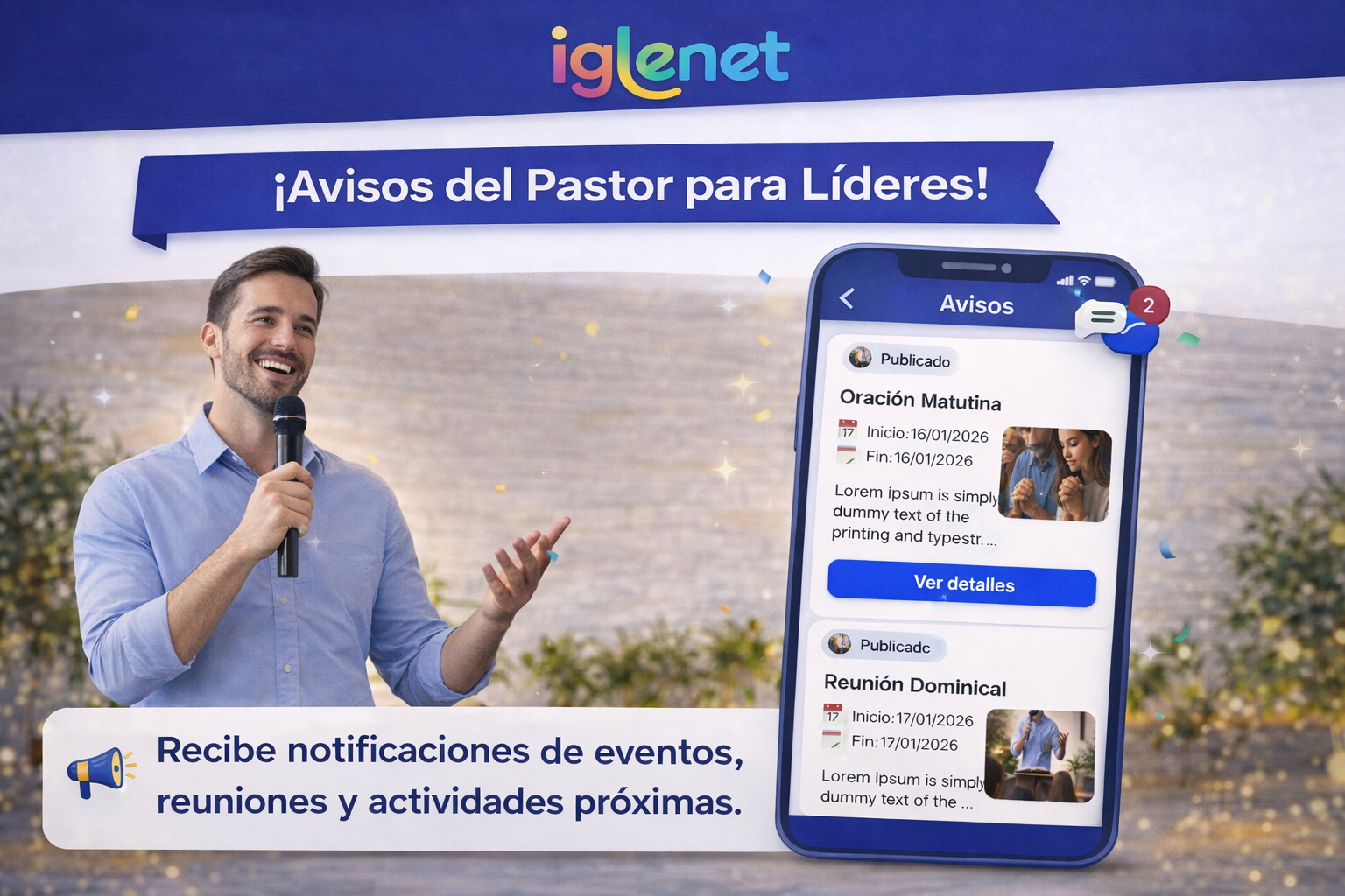 Comunicación y avisos en Iglenet para computadora y teléfono
